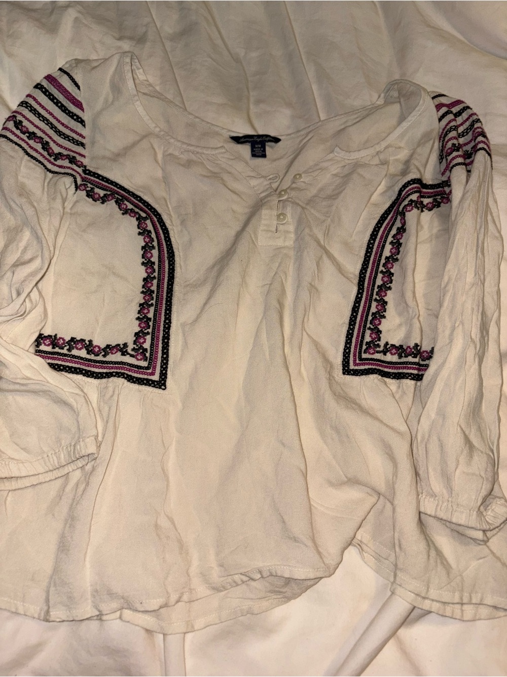 American Eagle Boho Top Womens Beige Embroidered Boho Blouse Festival Medium